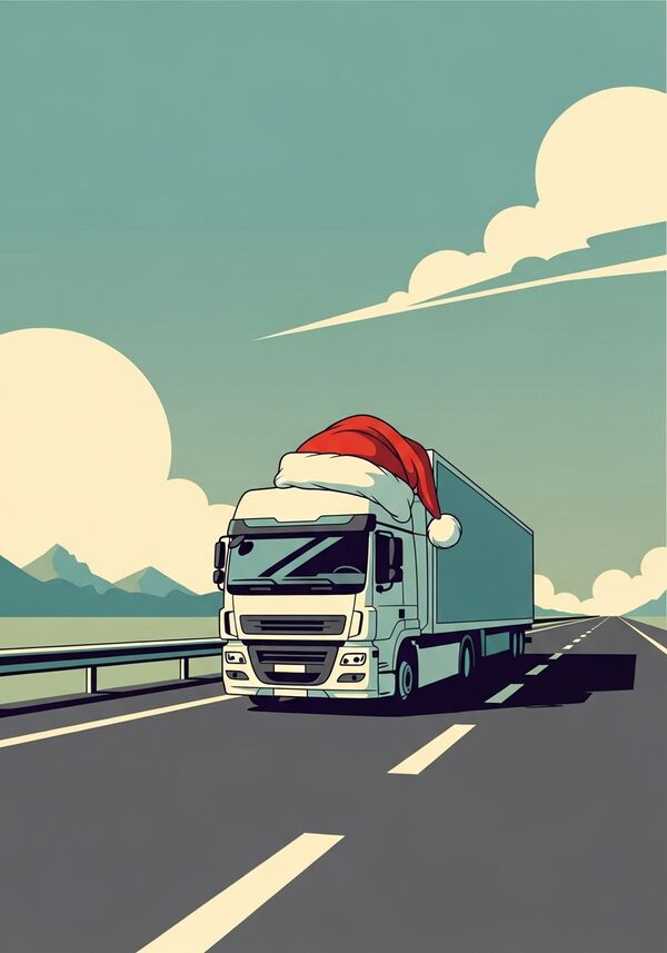 neuerer cooler Lastwagen auf der Autobahn mit einer Santa Mütze auf dem Dach