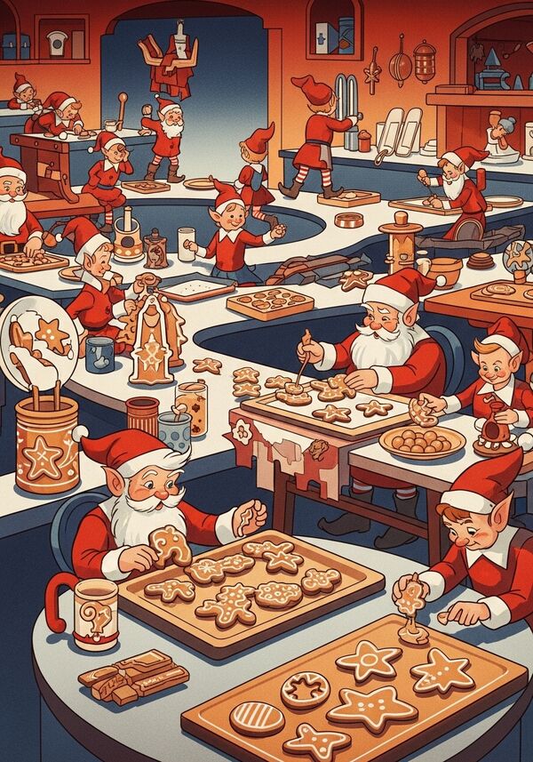 Bild: chaotische werkstatt des weihachtsmannes, sieht aus wie das schlaraffenland mit weihnachtselfen die lebkuchen backen und dekorieren
Text: für meme und louis