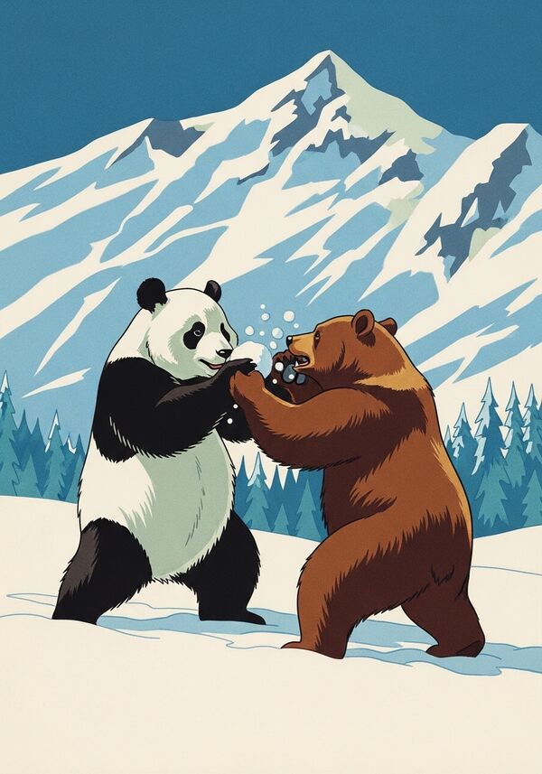 Eine Pandabärin und ein Braunbär machen eine Schneeballschlacht