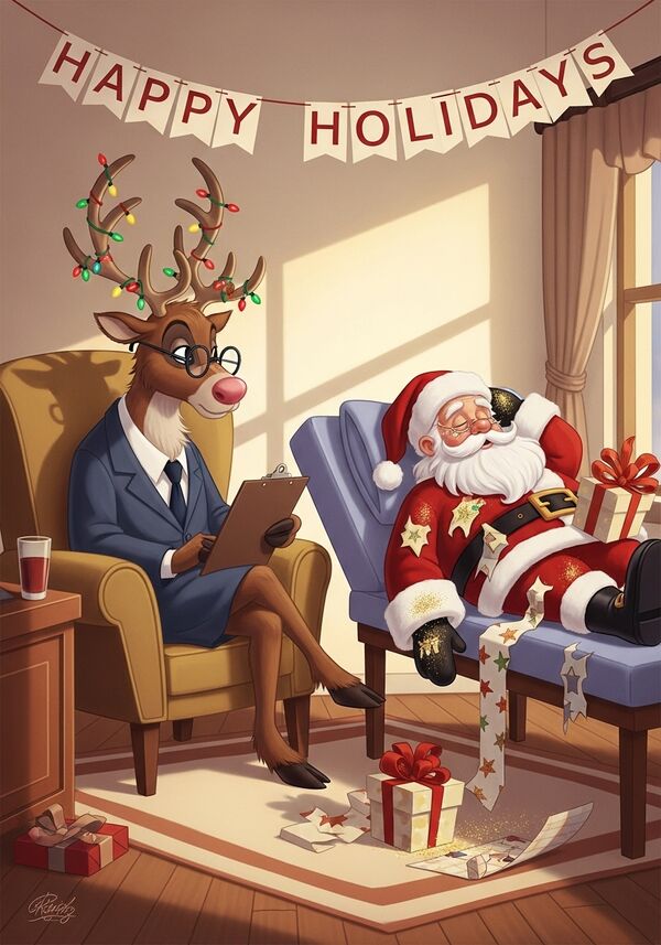 Humorvolle Illustration einer psychotherapeutischen Szene zur Weihnachtszeit. Ein Rentier sitzt entspannt in einem bequemen Sessel, trägt eine Brille auf der Nase und hält ein Klemmbrett in der Hand. In seinen Hörnern hängt eine leuchtende Weihnachts-Lichterkette. Das Rentier wirkt ruhig, aufmerksam und professionell, wie ein Psychologe. Als Patient liegt der Weihnachtsmann auf einer klassischen Psychiatrie- bzw. Therapiecouch. Er sieht erschöpft und überfordert aus von der kommenden Weihnachtszeit. Seine Körperhaltung zeigt deutlichen Stress und Überlastung, er hat überall Glitzer an den Händen und es kleben Geschenkpapierreste an der Kleidung. Die Szene spielt in einem gemütlichen, warm beleuchteten Therapieraum mit weihnachtlicher Atmosphäre. Über der Szene hängt ein Banner mit der Aufschrift „Happy Holidays“. Im Stil von Lilo & Stitch