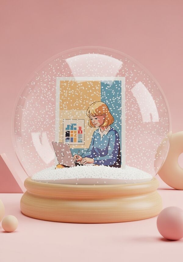 Retro-Plakat von einer jungen Frau mit blonden schulterlangen haaren die grafische Arbeiten an einem MacBook macht.