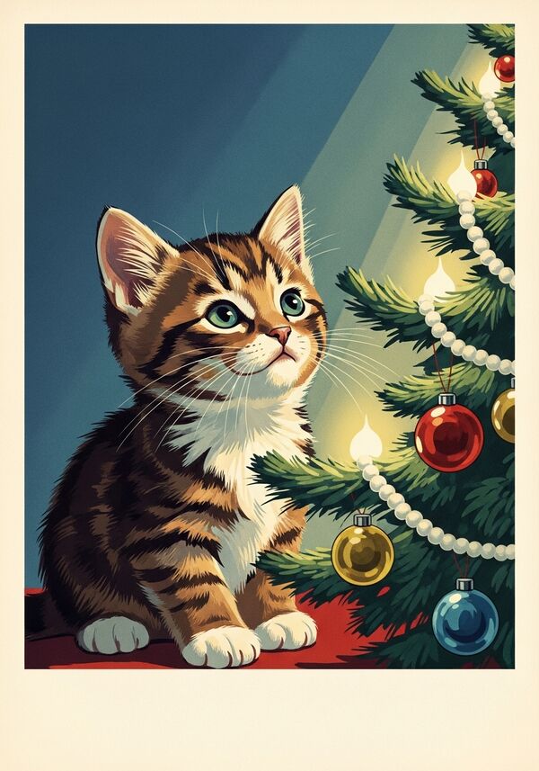 Kätzchen die mit verträumten Auge einen geschmückten Tannenbaum ansieht.