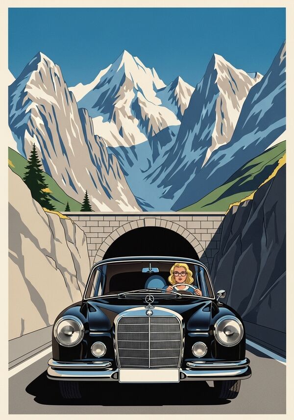 Ein schwarzer Mercedes - am Steuer eine junge. Blonde Frau mit Brille fährt in ein Tunnel ein. Im Hintergrund sind hohe - schneebedeckte Berge zu sehen.