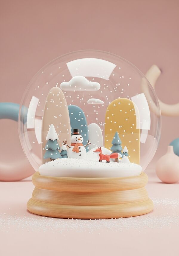 Winterlandschaft mit einem Schneemann, einem roten Fuchs, Tannen und Schnee.