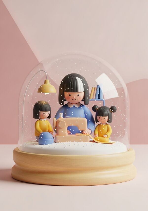 Grosi mit dunklen schulterlangen geraden haaren und einer weisse Strähne, näht mit der Nähmaschinen und ihren zwei Grosskinder (Mädchen mit dunkelblonden haaren, 10 und 12 jahre)