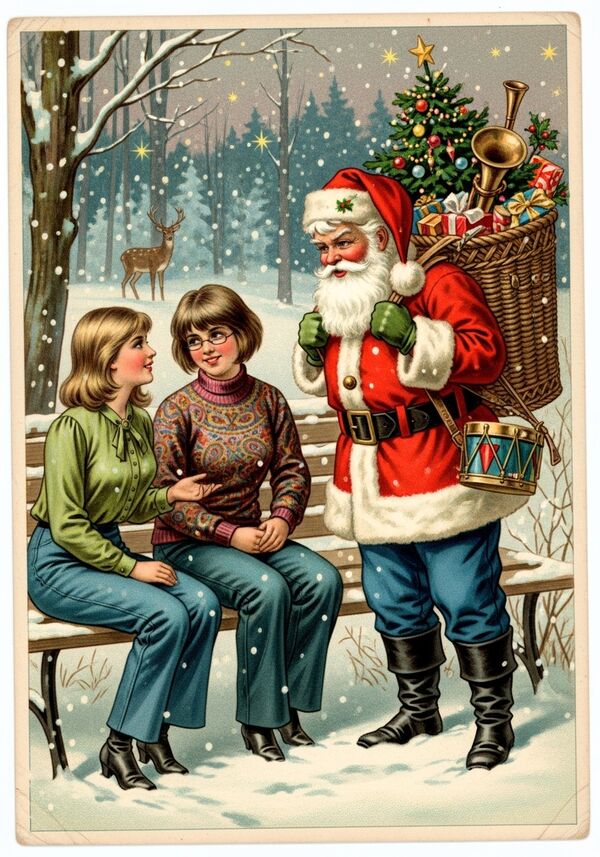 Zwei Frauen sitzen auf einer Parkbank vor einem Wald. Die eine hat schulterlange blonde Haare und trägt blaue Jeans und eine olivgrüne Bluse. Die andere hat einen mittelbraunen, wuscheligen Bob und trägt eine Brille und trägt eine dunkelblaue Jeans und einen Pullover mit Paisley-Muster. Die Frauen reden miteinander. Der Wald im Hintergrund glitzert weihnachtlich. Sterne funkeln am Himmel. Es liegt Schnee. Ein Hirsch schaut aus dem Wald heraus. 