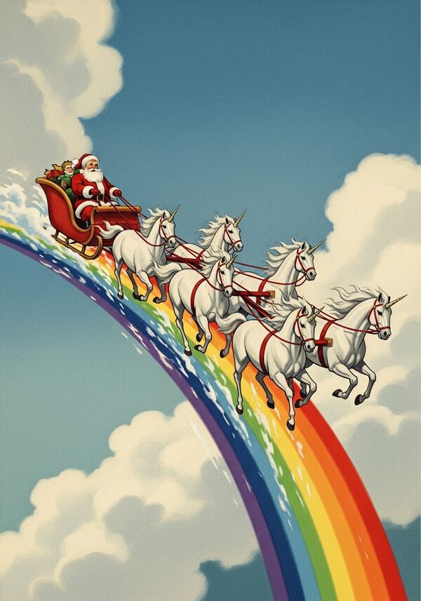 Weihnachtsmann in seinem Schlitten, gezogen von vier Einhörner, reitet über einen Regenbogen