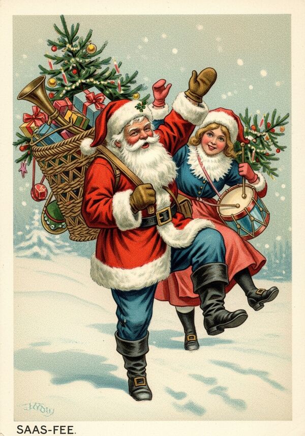 Ein weiblicher Nikolaus, der zusammen mit dem bereits bestehenden Klaus tanzt. Sie haben Spass, in einer schneereichen Landschaft, in Saas Fee. 