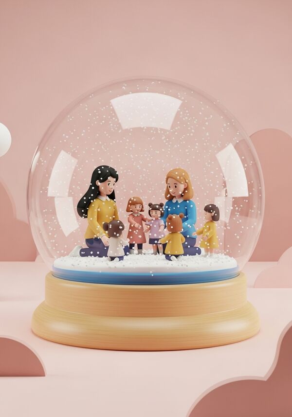 Zwei junge Mütter (eine schwarze lange Haare, die andere blonde mittellange Haare) verbringen Zeit mit den 5 kleinen Mädchen.