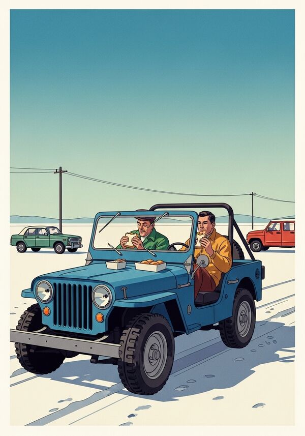 Zwei Männer machen eine Mittagspause in einem blauen Jeep auf einem leeren, verschneiten Parkplatz und essen ein Sandwich