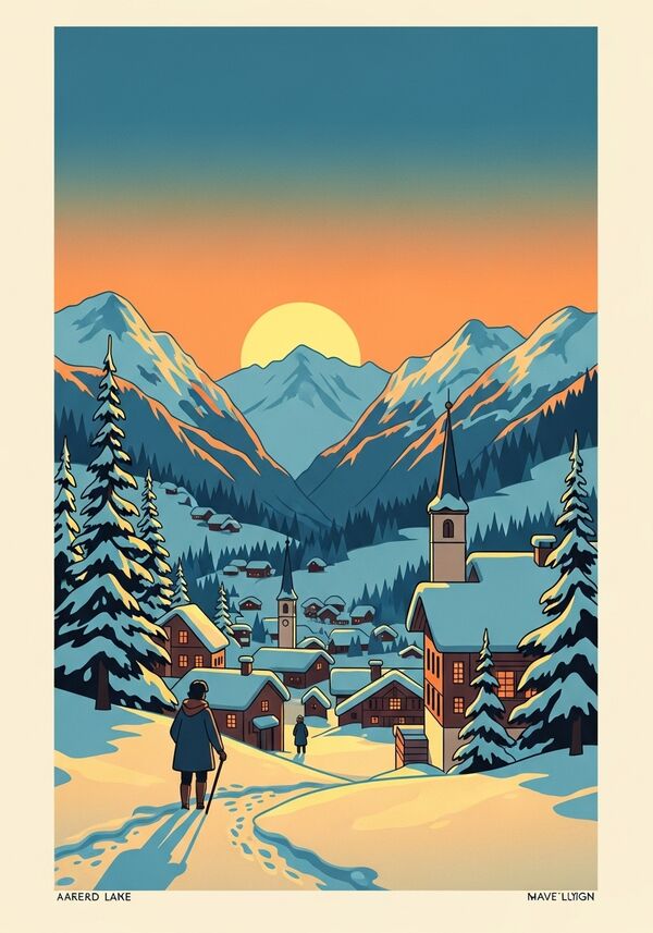 ein verschneeites bergdorf mit sonnenaufgang
