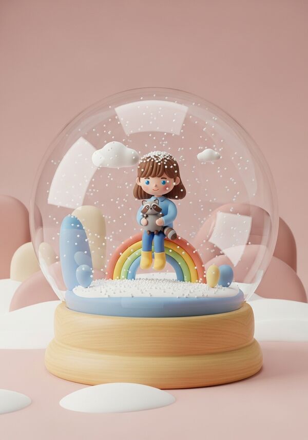 Ein kleines Mädchen (7 Jahre, braune Haare und blaue Augen) sitzt auf einem Regenbogen und hält einen kleinen Waschbären im Arm.