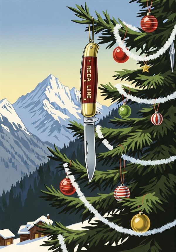 Taschenmesser von Reda Line hangend an einem geschmückten Tannenbaum in den Bergen. 