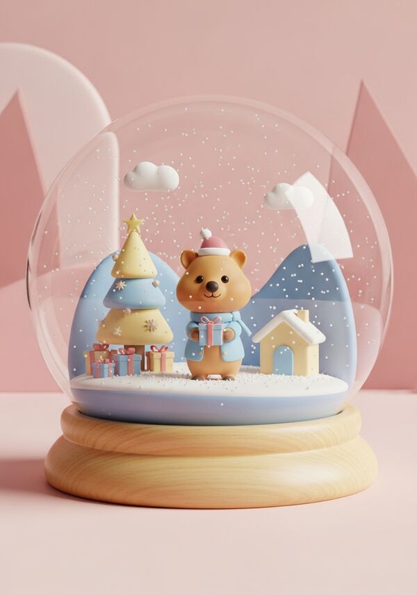 Ein niedliches Quokka in einer Winterlandschaft. Im Hintergrund sieht man einen Weihnachtsbaum mit darunterliegenden Päckchen. Das Quokka schaut den Betrachter direkt an und streckt ein Päckchen hin. Rechts neben dem Quokka ist noch ein Haus zu sehen.
