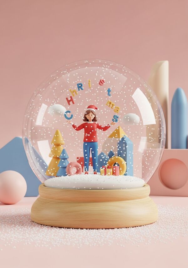 Frau, 50 Jahre alt, schulterlange braune Haare jongliert konzentriert mit Buchstaben, die das Wort "Christmas" formen. Weihnachtlich, farbig, fröhlich