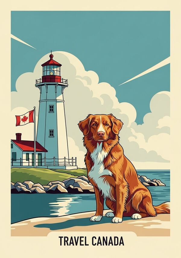 Nova Scotia Ducktolling Retriever in Canada vor einem Leuchtturm, mit Canada Flagge
