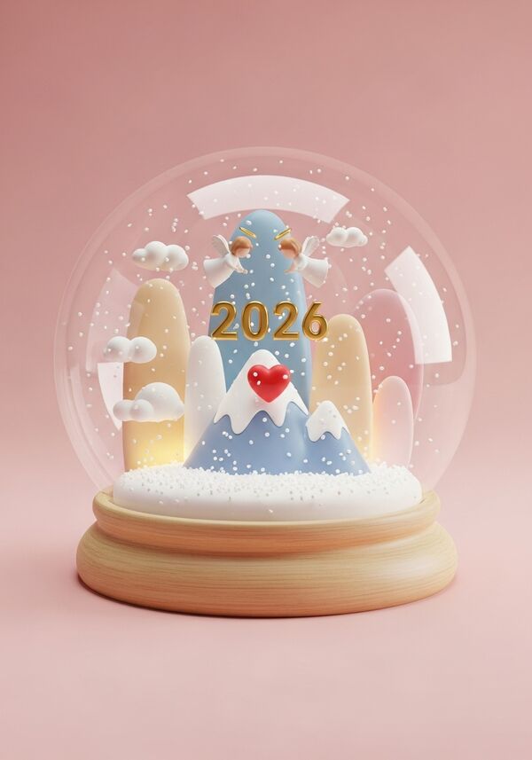 Ein schneebedeckter Berg mit einem roten Herz drauf und zwei Engeln die darüber schweben, darüber steht in goldenen Ziffern die Jahrzahl "2026"