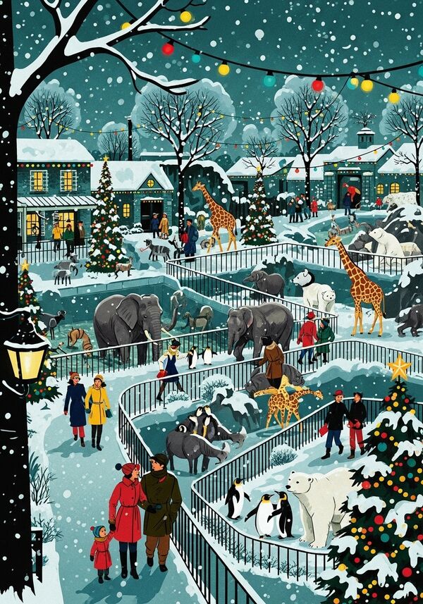 ein bunter weihnachtlicher Zoo mit Lichtern, Schnee und Weihnachtsbäumen und vielen Tieren  und fröhlichen Menschen