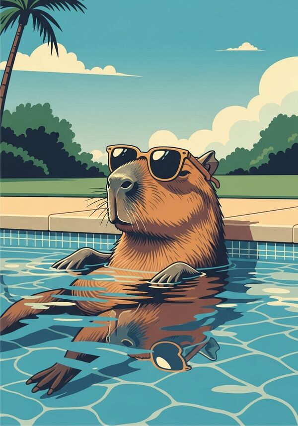 A cool capybara chilling in a pool with sunglasses on, surrounded by sparkling water and a sunny outdoor vibe