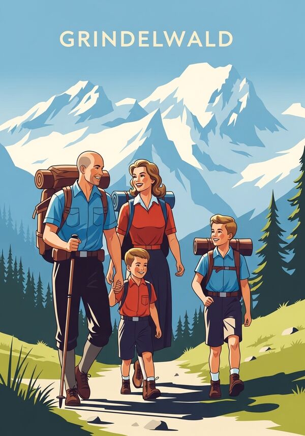Eine Familie ist in Grindelwald am Wandern. Der Vater hat eine Glatze, die Frau halblange blonde Haare und die zwei Buben haben dunkelblonde kurze Haare. Die Sonne scheint und alle sind fröhlich.