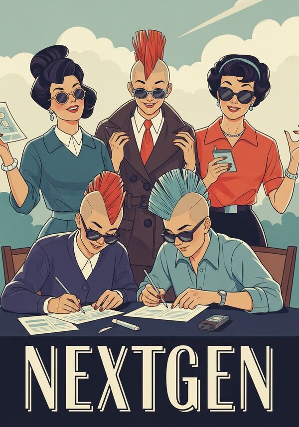 TEXT auf Bild "NEXTGEN". Modische Jugendliche am Designen, Kreieren, Lachen und faxen machen...punk-frisuren. trendy. 2 Lehrer die auch cool drauf sind.