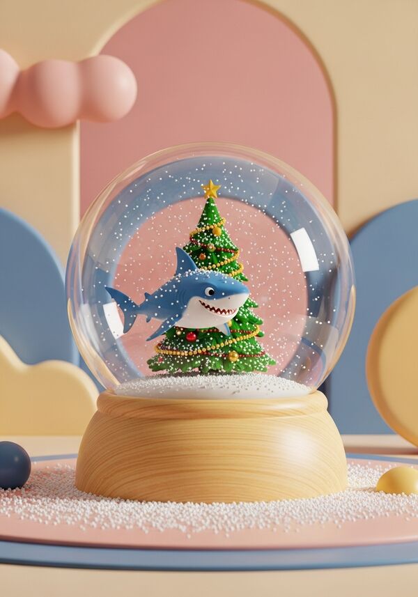 Ein freundlicher Hai im Pixar-Style schwimmt um einen grossen - weihnachtlich geschmückten Tannenbaum.