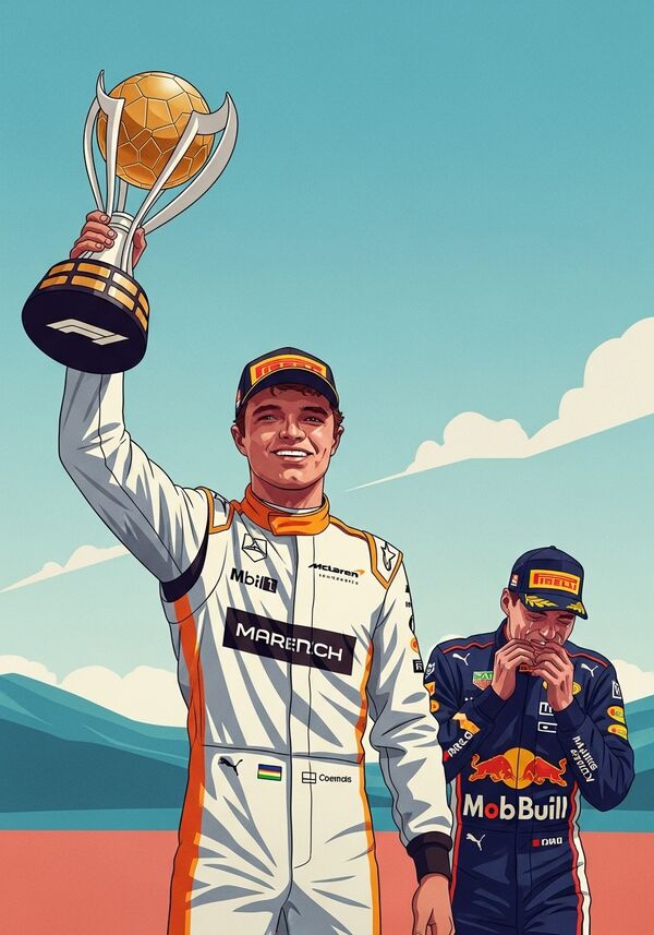 Lando Norris mit Welmeister Pokal im Mclaren Rennanzug und Max Verstappen weint im Hintergrund