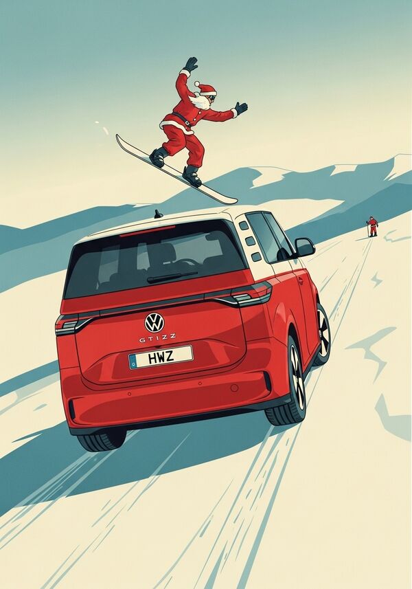 Roter Volkswagen id.BUZZ GTX von hinten - auf dem Nummernschild steht HWZ - der eine Skipiste hochfährt, einem Snowboardfahrer im Santa-Kostüm begegnet der goofy auf dem Board steht. Er hebt EINE Hand zum Gruss 
