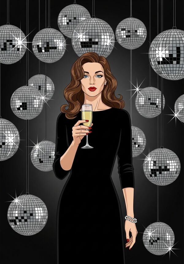 bitte mach mir ein schönes mädchen mit langen braunen wellen in einem schwarzen langen kleid in der mitte des bilders mit chapagner in der hand, in hintergrund ist es dunkel und mit vielen hängenden diskokugeln, die diskokugel glänzen silbrig und sind im hintergrund presänt 
