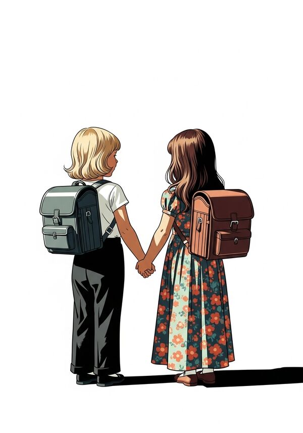 Zwei kleine Mädchen die sich die Hand geben beide tragen einen Schulrucksack. Das Mädchen auf der rechten Seite trägt ein bodenlanges geblümtes Kleid hat lange braune Haare ist etwas kleiner als das Mädchen auf der linken Seite das eine schwarze Hose und ein weisse T-Shirt trägt mit blonden Haaren. 