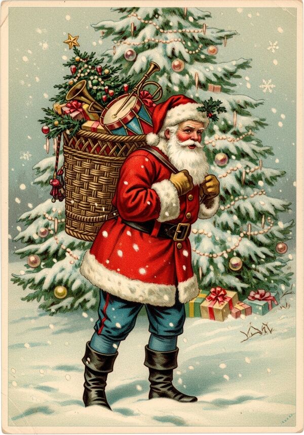 ein grosser Tannenbaum mit vielen Geschenken und es schneit