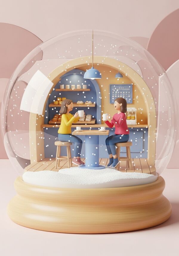 zwei frauen, die in einer bäckerei kaffee trinken und lachen

