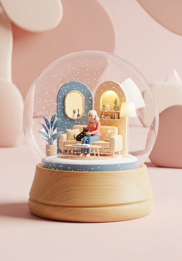 50-jährige Frau mit ihrem Bolonka (kleiner dunkler Hund) auf dem Sofa