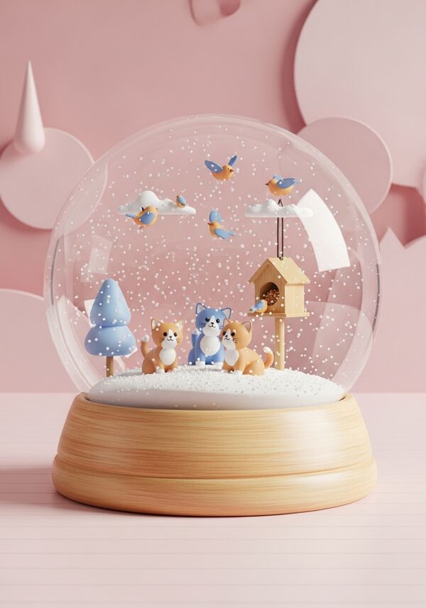 süsse Katzenbabys im Schnee, Vögel in der Luft und Vogelhaus mit Vogelfutter