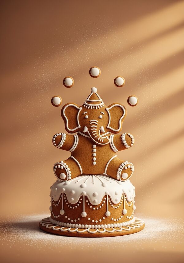ein elefant sitzt auf einer Torte und jongliert