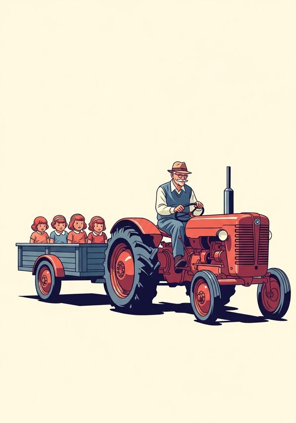 Der Grossvater sitzt im Traktor und hinten auf dem Anhänger sind seine vier kleinen Grosskinder. Alles Mädchen.