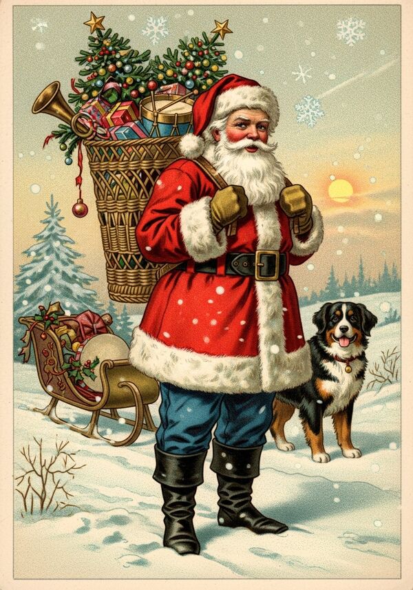 Weihnachts- und Neujahrsgrüsse 2026 Baum, Schlitten, Bernersennenhund, Schneeflocken, Sonne