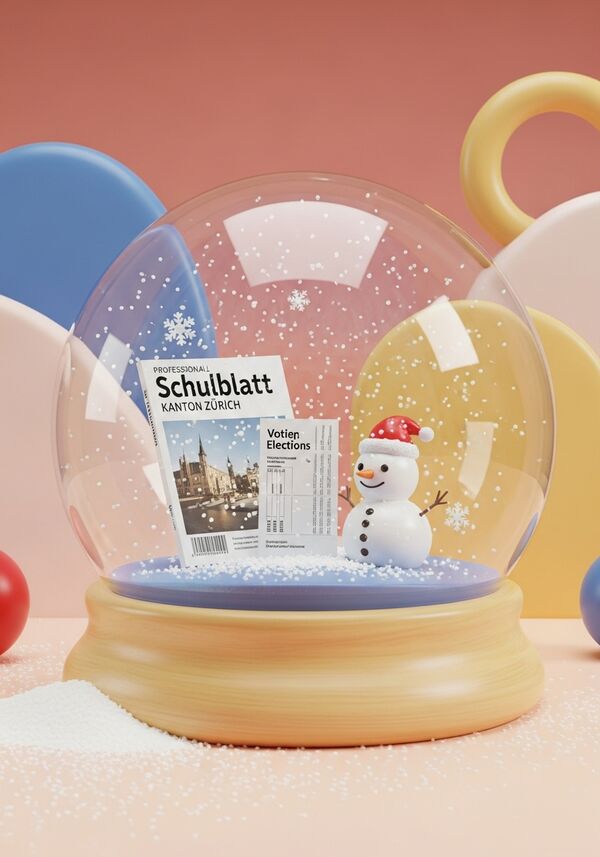 Fachzeitschrift mit dem Titel "Schulblatt Kanton Zürich" und im Hintergrund Stimmzettel für die Wahlen. Neben einem Schneemann der eine Weihnachtsmütze trägt und Schneesternen 