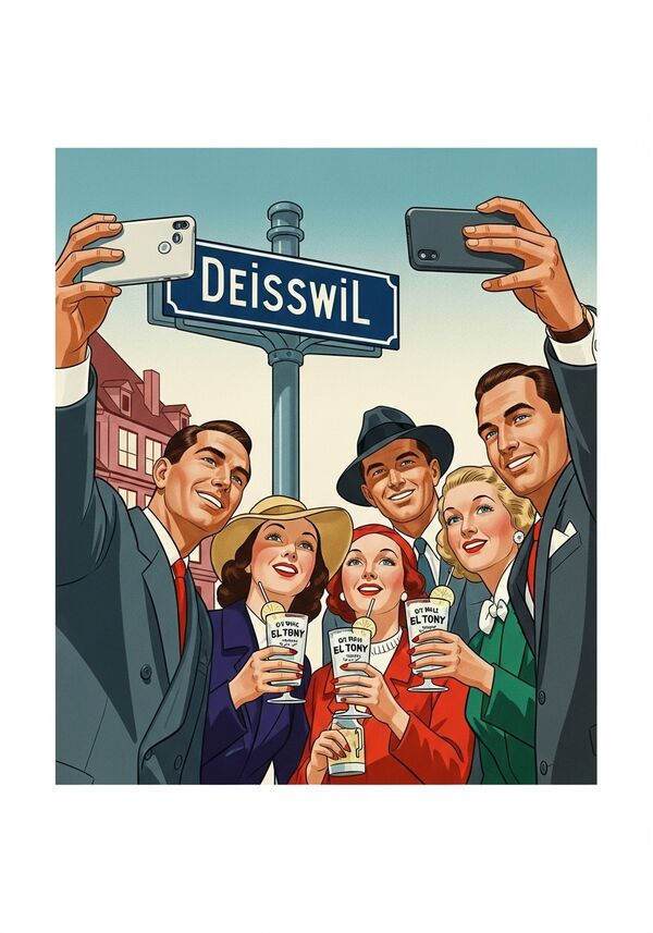 Drei Männer und drei Frauen machen ein Selfie mit einem Gin Tonic von El Tony in der Hand vor einem Strassenschild auf dem "Deisswil" steht.