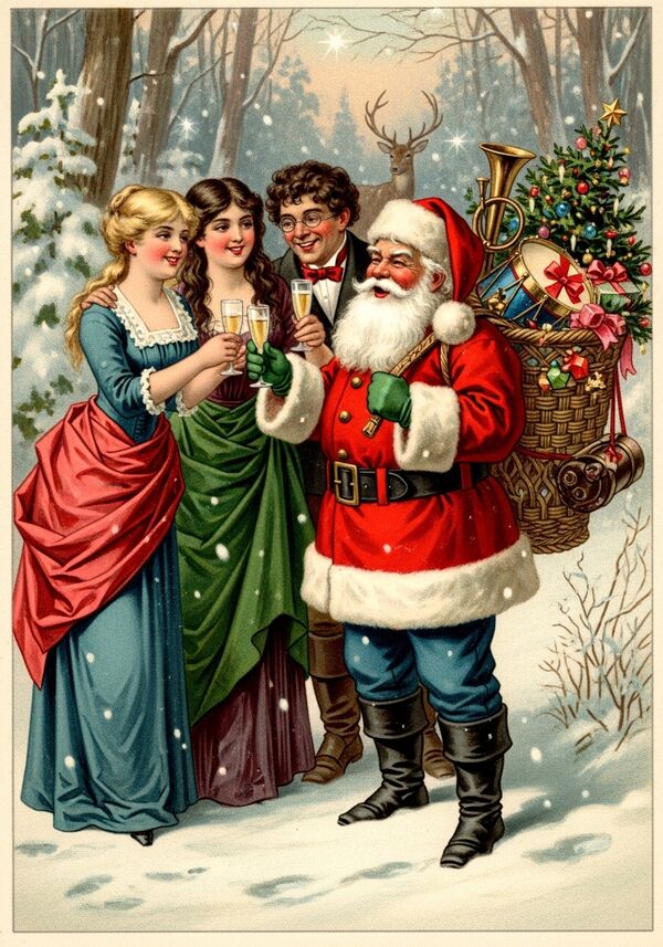 Eine blonde Frau, eine dunkelhaarige Frau mit langen lockigen Haaren und ein Mann mit dunkelbraunen Locken und Brille stossen gemeinsam mit Champagner an und lachen. Alle drei sind erwachsen, zwischen 40-50 Jahre alt. Der Weihnachtsmann lacht ihnen zu. Der Wald dahinter glitzert und ein Hirsch schaut von hinten hervor. 

