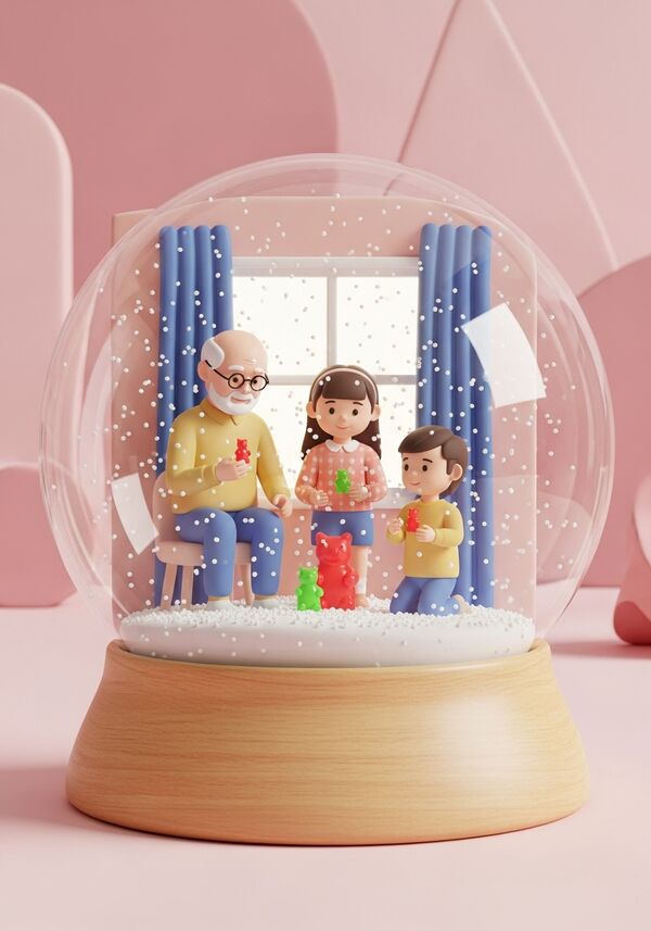 es sollte nur ein opa, nur ein 11 jähriges Mädchen und nur ein 8 jähriger junge zu sehen sein. sie solten zu hause sein und gummibärchen essen. im hintergrund ist ein fenster
