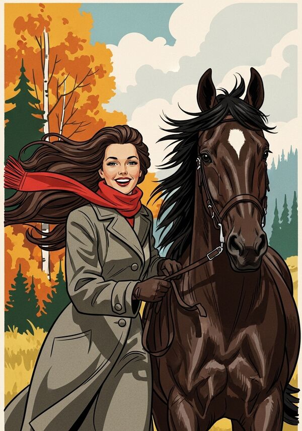 Eine glückliche Frau mit langen offenen, dunkelbraunen Haaren, mit einem roten Halstuch einem grauen Mantel, führt ein dunkelbraunes Pferd mit langer Mähne und einem weissen Stern, auf der rechten Seite. Im Hintergrund ist eine Herbstwaldlandschaft zu sehen