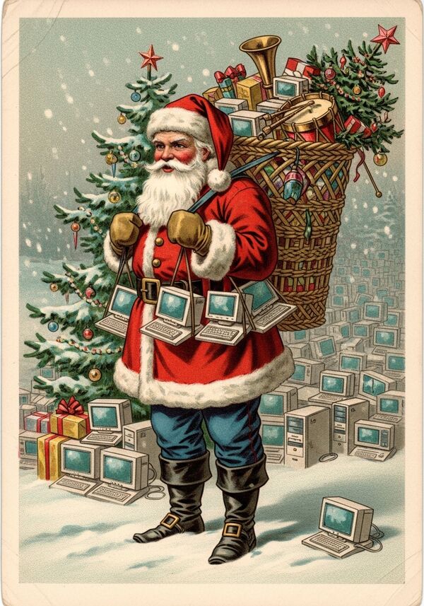 hunderte von computer als päcklein eingepackt. einige sind zu sehen. mit tannenbaum