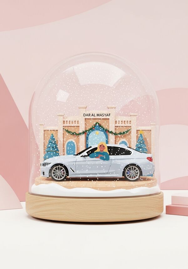 Hellgrauer BMW vor dem Hotel "Dar Al Masyaf" in Dubai, aus dem eine freundliche dunkelblonde Frau mit langem Haar durchs Fahrerfenster zu uns schaut. Ihr Ellbogen lehtn sie am unteren Fensterand auf. Alles ist winterlich und weihnahtlich geschmückt.