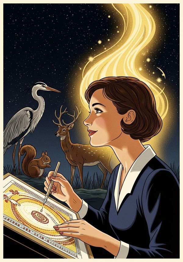 Frau mit kürzeren braunen Haaren macht Diamond Painting und blickt hoffnungsvoll in die Zukunft. Ein goldener Schein passt auf sie auf und schickt ihr Kraft. Der Hintergrund ist dunkel mit vielen Sternen. Im Hintergrund steht ein Fischreiher, ein Reh und ein Eichhörnchen
