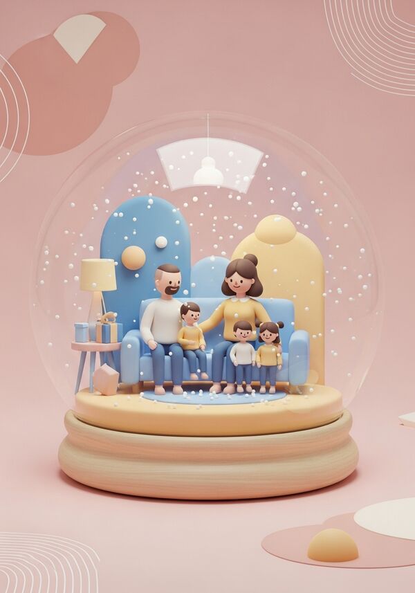 Mann (Milimeterschnitt), Frau (drunkelbraun, fast schwarz), 8-jähriger Bube und 6-jährige Zwilinge (davon ein Bub und ein Mädchen) auf Sofa.