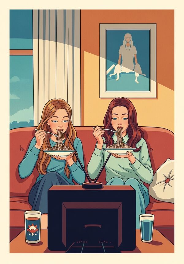 zwei mädchen mit langen haaren am spaghetti essen und am fernseh schauen auf der couch