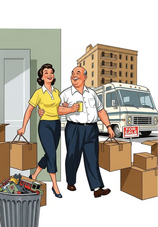 ein mittelaltes ehepaar zieht um. sie ist sportlich, er hat eine glatze und ist etwas übergewichtig. sie sind beide glücklich. die wohnung ist voll mit Kisten. die modelleisenbahn liegt im müll. das wohnmobil wird verkauft.
