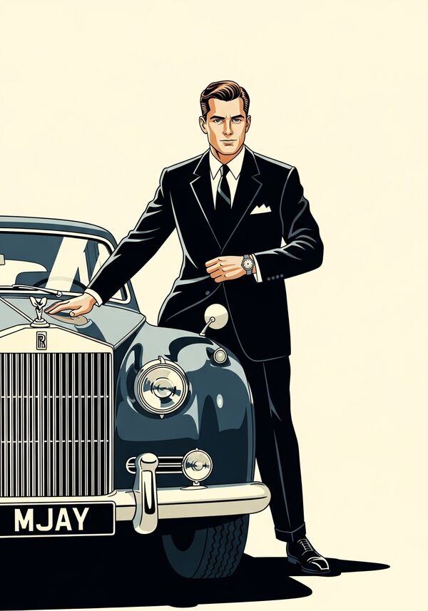Mann mit schwarzem Anzug und Kravatte, trägt Rolex, steigt in Rolls Royce ein und das Kennzeichen ist Mjay
