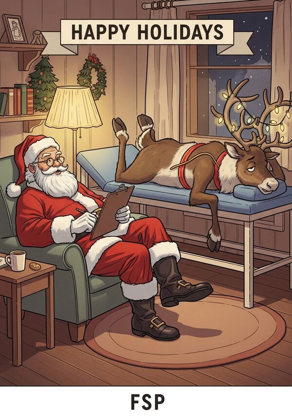 humorvolle, hochwertige Illustration einer psychotherapeutischen Szene zur Weihnachtszeit. Der Weihnachtsmann sitzt entspannt in einem bequemen Sessel, trägt eine Brille auf der Nase und hält ein Klemmbrett in der Hand. Der Weihnachtsmann wirkt ruhig, aufmerksam und professionell, wie ein Psychologe.

Als Patient liegt eines seiner Rentiere auf einer klassischen Psychiatrie- bzw. Therapiecouch. In seinen Hörnern hängt eine leuchtende Weihnachts-Lichterkette. Es sieht erschöpft und überfordert aus von der kommenden Weihnachtszeit. Seine Körperhaltung zeigt deutlichen Stress und Überlastung.

Die Szene spielt in einem gemütlichen, warm beleuchteten Therapieraum mit weihnachtlicher Atmosphäre.

Über der Szene hängt ein Banner mit der Aufschrift „Happy Holidays“.
Unter der Szene ist klar sichtbar der Schriftzug "FSP" platziert.

Stil: comicstil, humorvoll, warme Farben
